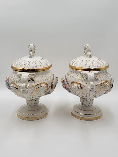 Set Of 2 Keramos Capodimonte Italy Cherub Centerpiece Vase Lidded Pedestal Bowls - Picture 6 of 19