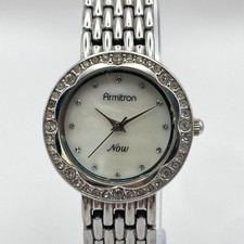 Armitron Now Women's Watch 28mm Silver Tone Crystals MOP Dial New Battery 6.75"