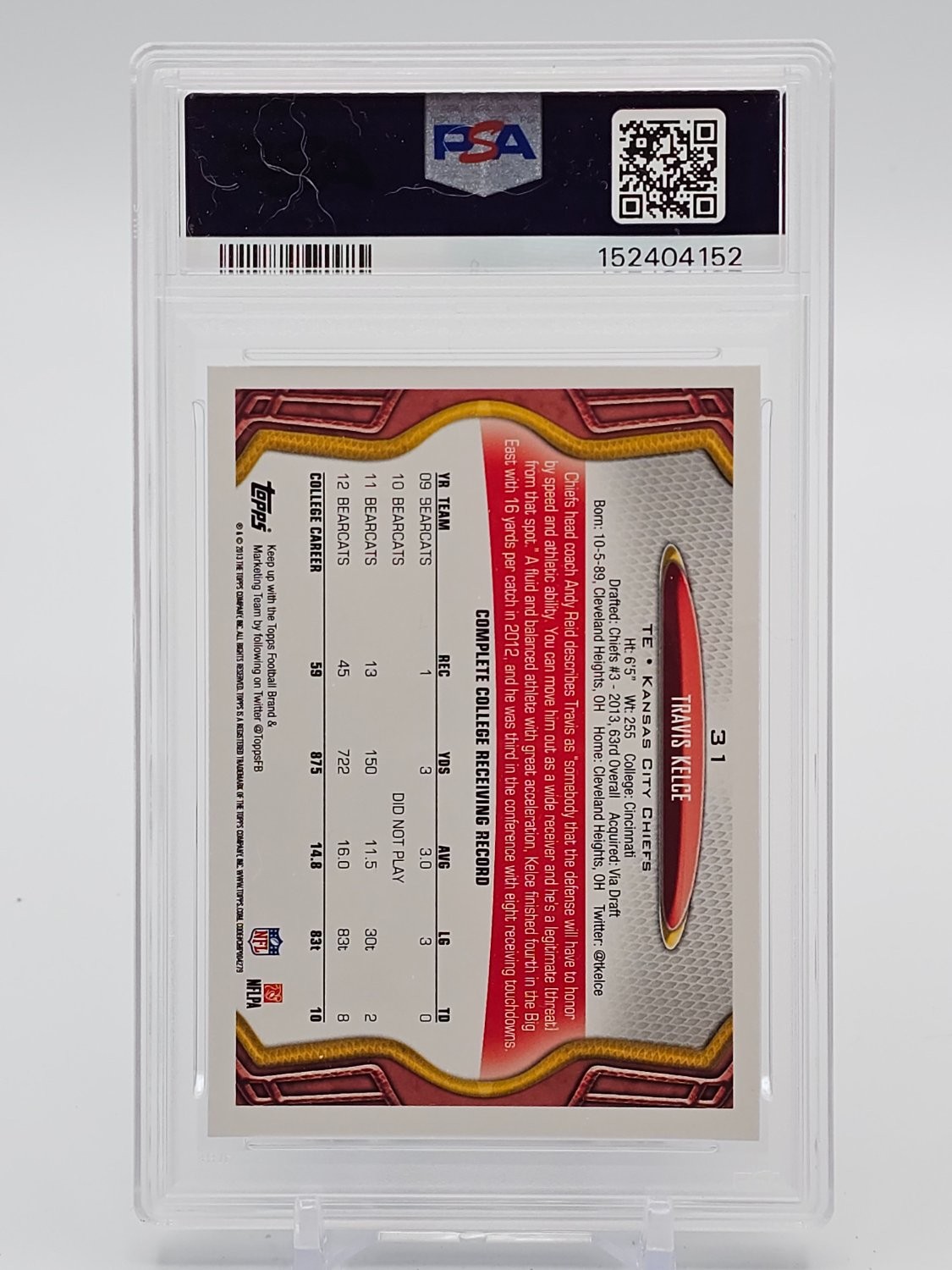 TRAVIS KELCE 2013 TOPPS FOOTBALL ROOKIE RC #31 KANSAS CITY CHIEFS PSA 8 Q0856 view 2