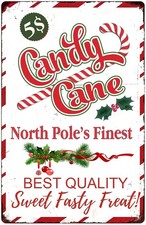 Christmas Tin Metal Sign Candy Cane North Pole's Finest Wall Decor 8x12