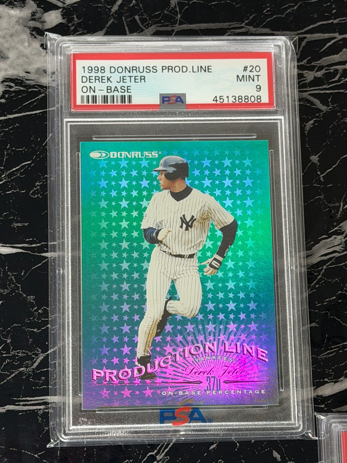 1998 Donruss Production Line - #20 Derek Jeter Green OBP #d 165/370 - PSA 9 Mint view 1