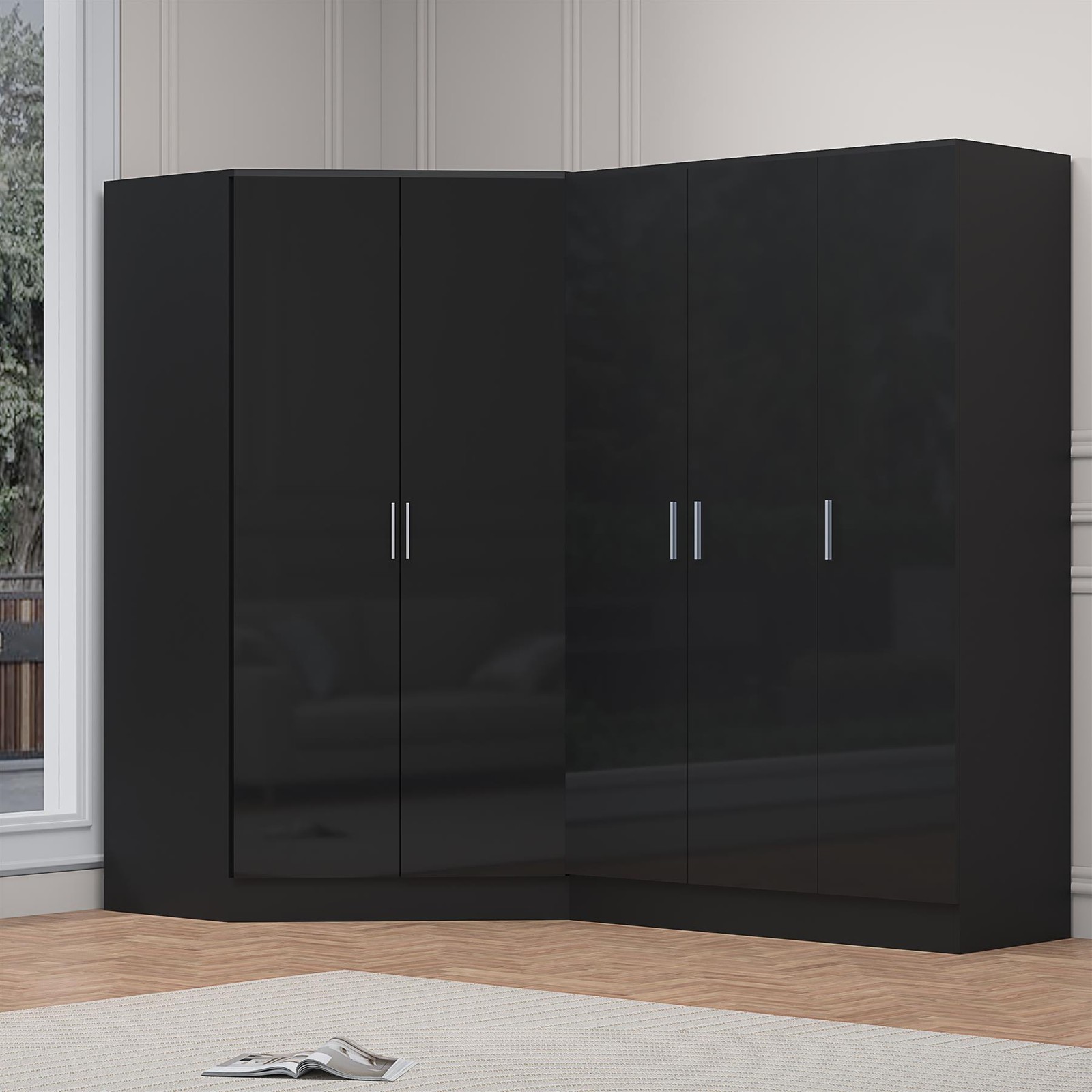 B&Q -  2Pc Wardrobe Bundle2 Door Corner + 3 Door PlainBlack Gloss & Black OakH: 180Cm X W: 179Cm X D: 103Cm - Image 4