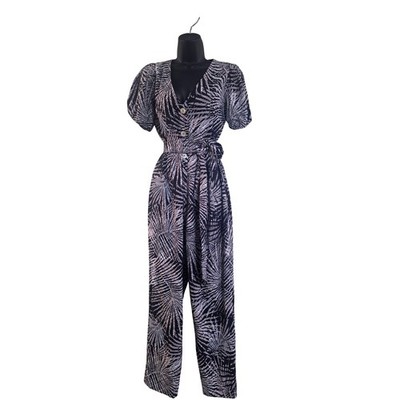Kensie Women Black Brown Tropical Palm Print V Neck Button Front Jumpsuit Sz 4
