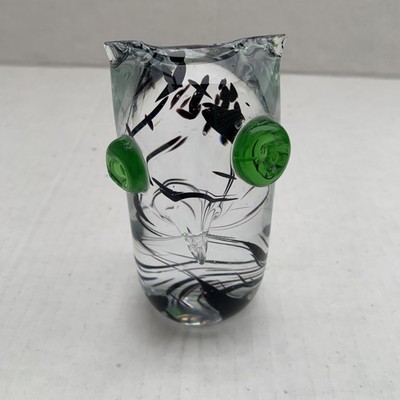 Kalmar Swedish Glass Owl Paperweight Clear W/Black Swirls Inside & Green Eyes