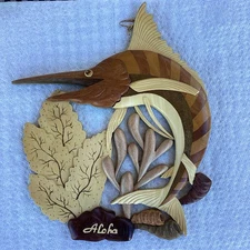 Unique Intarsia Wood 3D Marlin Fish Coral Wall Decor Handcraft Coastal Nautical