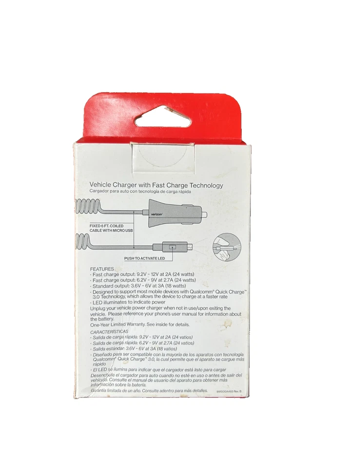 Nuevo en caja Cargador de vehículo Verizon con tecnología de carga rápida para Micro USB, 6 pies Foto 3 de 4