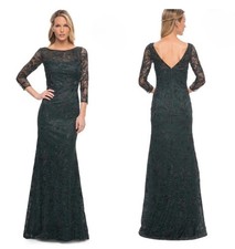 La Femme Dark Emerald Green Embellished Tulle & Lace A-Line Gown Size 6