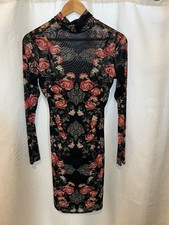 Love Fire Black Floral Mesh Bodycon Dress Mock Neck Long Sleeve L Romantic Goth