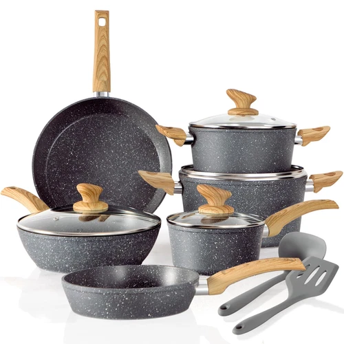 Induction Cookware Sets - 12 Piece Gray Cooking Pan Set, Granite Nonstick Pot...