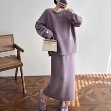 Autumn Loose Pullover Sweater Women's skirt Set Solid Color Knitted Two-pieces
