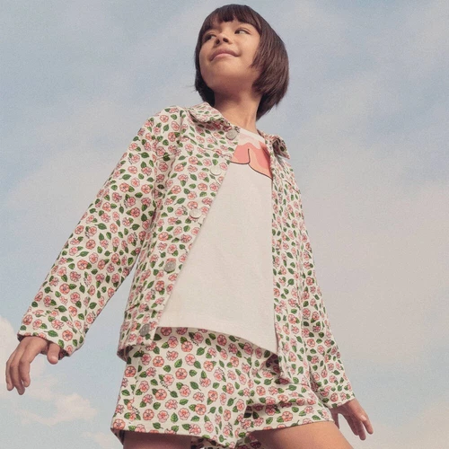 Giacca piumino KENZO KIDS denim floreale con bottoni avorio taglia 10A 138 org $319