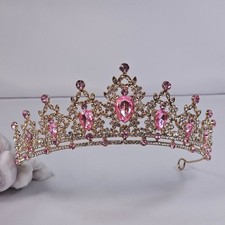 Pink Crystal Gold Tiara Rhinestone Princess Crown Pageant Wedding Headpiece EUC
