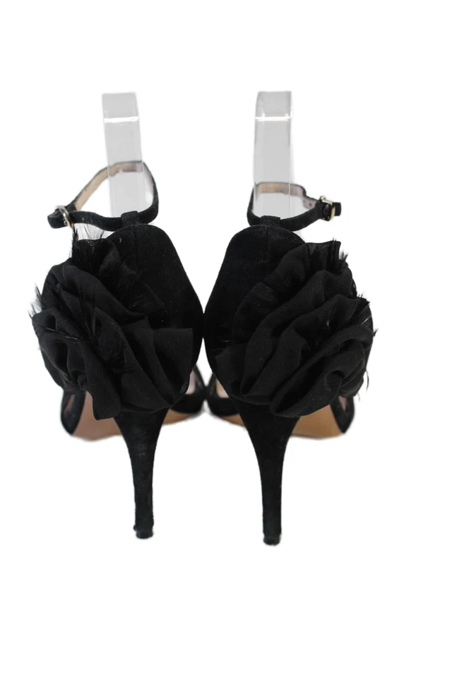 Tacones Elie Tahari para mujer de gamuza punta abierta con volantes y correa al tobillo negros talla 8,5 38,5E Foto 3 de 4