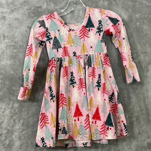 Hanna Andersson girls size 5 pink multi color Dress Holiday Trees Print pockets - Picture 2 of 12