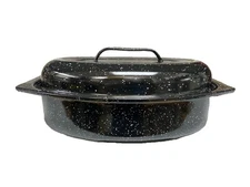 13 In Roasting Pan, Enamel on Steel Black Speckled Covered Oval Roaster with Lid