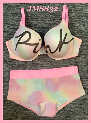 Victoria's Secret Pink Ombre Tie Dye Push Up Bra + Boyshort Panties 38D L Set
