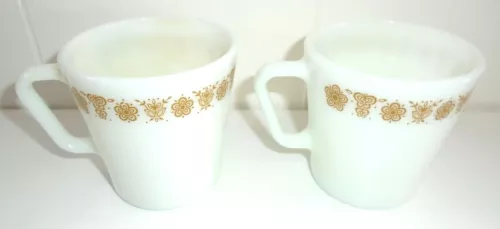 Vtg Pyrex Coffee Cup Mugs Set 10oz White w/ Woodland Brown Corning #1410 300ml