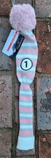 NEW Maxfli Vintage Knit Style Driver Headcover Pom Pom Pink Gray White