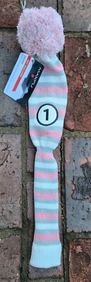 NEW Maxfli Vintage Knit Style Driver Headcover Pom Pom Pink Gray White