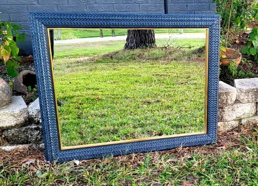 Espejo Largo Completo 37x29.75", Extra Grande Colgante o Inclinado Azul con Borde Dorado Foto 2 de 4