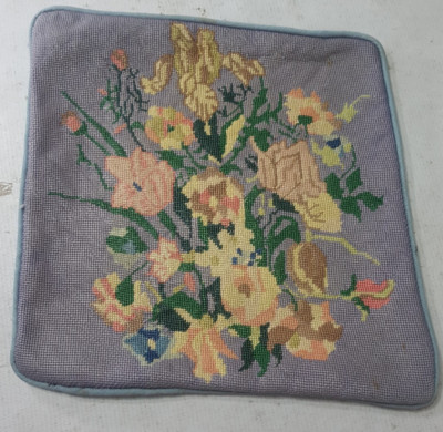 Vintage französische Nadelspitze schöne Blumenszene Wohndeko Stuhlkissen 36 x 36 cm