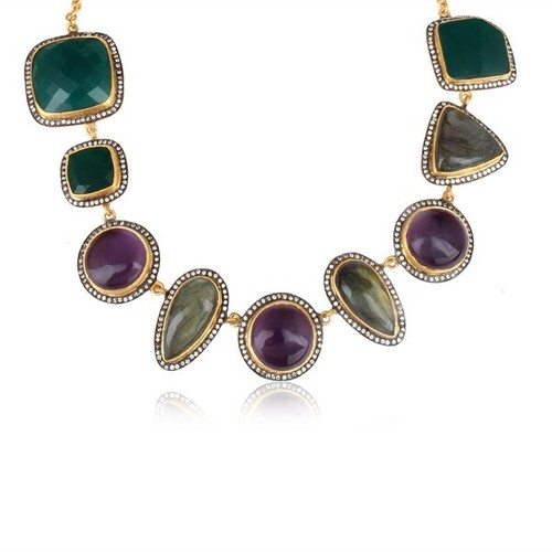 Wedding Multi Stone Bracelet With Labradorite, Green Onyx, Amethyst and Pave Cz - Picture 2 of 4