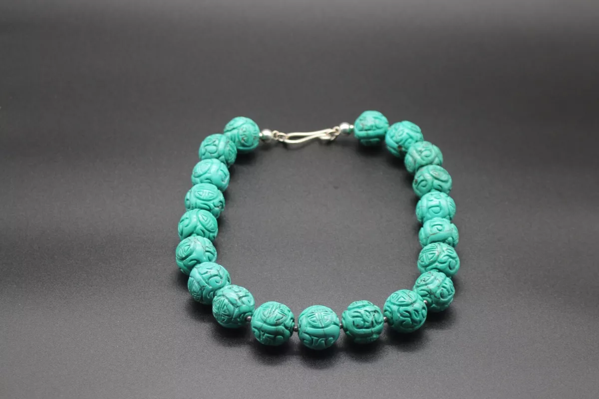 Vintage Chinese Carved 20mm Turquoise Shou Beads 19