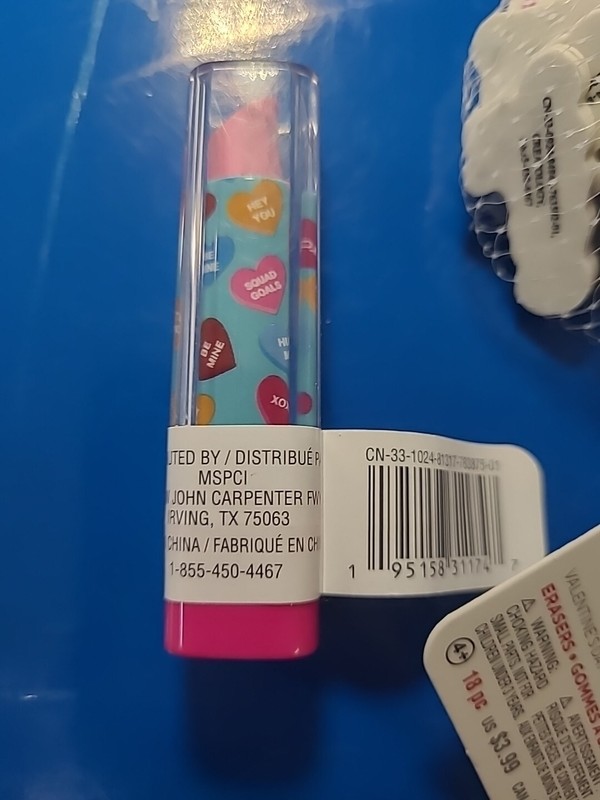 Valentines Day Package Of 18 Valentine Erasers & Lipstick Eraser. Brand New.