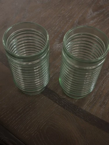 Vintage Set of 2 Anchor Hocking Green Raised Ribbed Glass Tumblers 6" Tall 16 oz