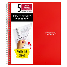 Five Star 5-Subject Spiral Notebook Wide Ruled : 8 in. x 10-1/2 in. Red 