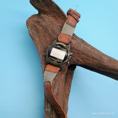 Vtg Timex Expedition Digital Wristwatch Brown Buckle Band Wr 100m Round Beige F.