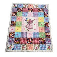 Vtg Patchwork Baby Quilt Girl Sun bonnet Country Cottage Gingham Plaid Balloons