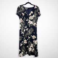 Tommy Bahama Vintage Silk Blend Floral Midi Dress Black V-Neck Short Sleeve 12