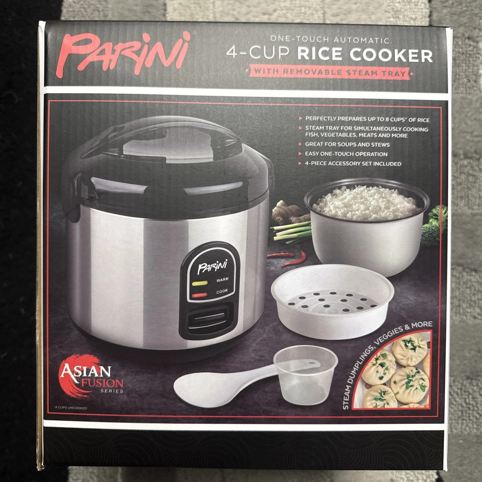 NIB Parini 4 Cup One Touch Automatic Rice/Grain/Fish/Veggie/Dumpling Cooker