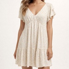 Mahina Floral V-Neck Babydoll Dress Flutter Sleeve Tiered Boho Women’s Small