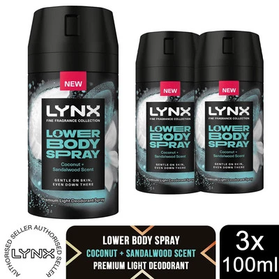 Lynx Lower Body Spray Coconut + Sandalwood 72Hrs of Freshness 100ml, 3 Pack