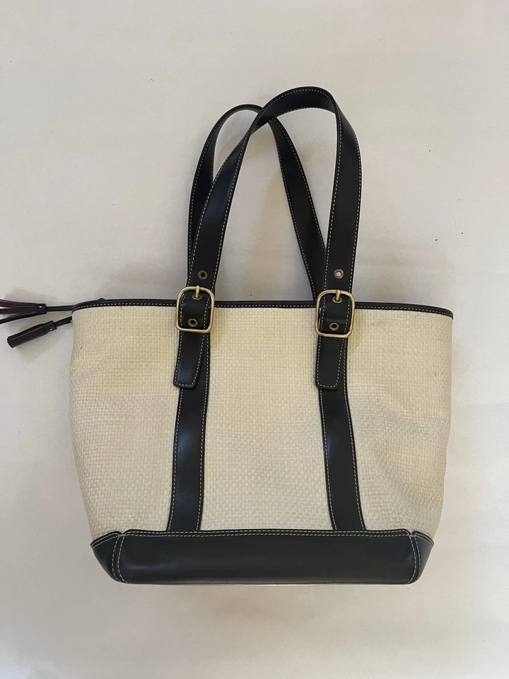 Bolso de Mano Coach Marfil Paja Cuero Negro Borde Doble Asas - De Colección Foto 4 de 4