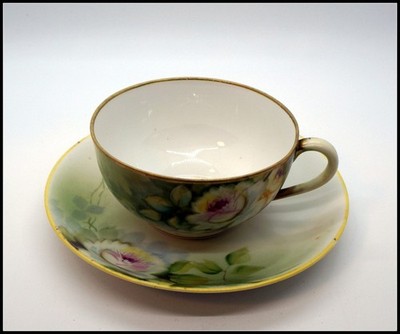Vintage Nippon Old Noritake Handpainted Cup & Saucer Set with Rose Motif #P004