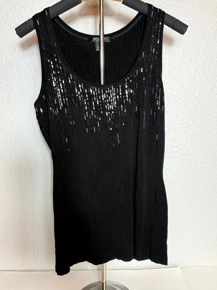 St. John Caviar Майка женщин S черный эластичной металлический тире полоски декольте - Изображение 2 из 4