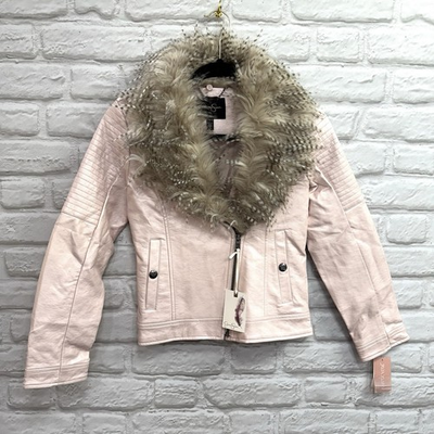 #ad #ad Jessica Simpson Pink Motor Cycle Faux Leather Fur Collar Jacket Youth 14 16 New $45.00