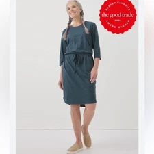 Pact Green Teal Slub Organic Cotton Relaxed Tie Waist Dress XL Extra Large