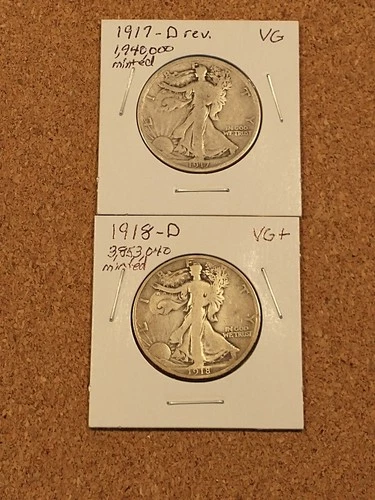 1917-D Reverse VG & 1918-D VG+ Liberty Walking Half Dollars, Undamaged