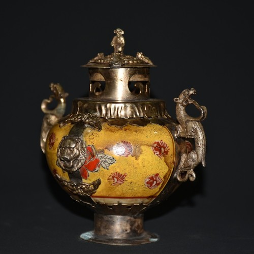 Exquisite Old Chinese Porcelain inlay tibet silver Armor Incense burner - Picture 3 of 9