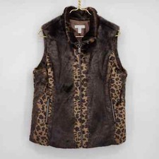 Charter Club Faux Fur Leather Luxurious Zip Up Vest Brown Animal Print Medium