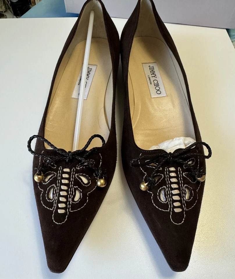 Bailarina Jimmy Choo Vintage Punta Punta Mariposa Plana Marrón Gamuza Talla 38 1/2 Foto 3 de 4