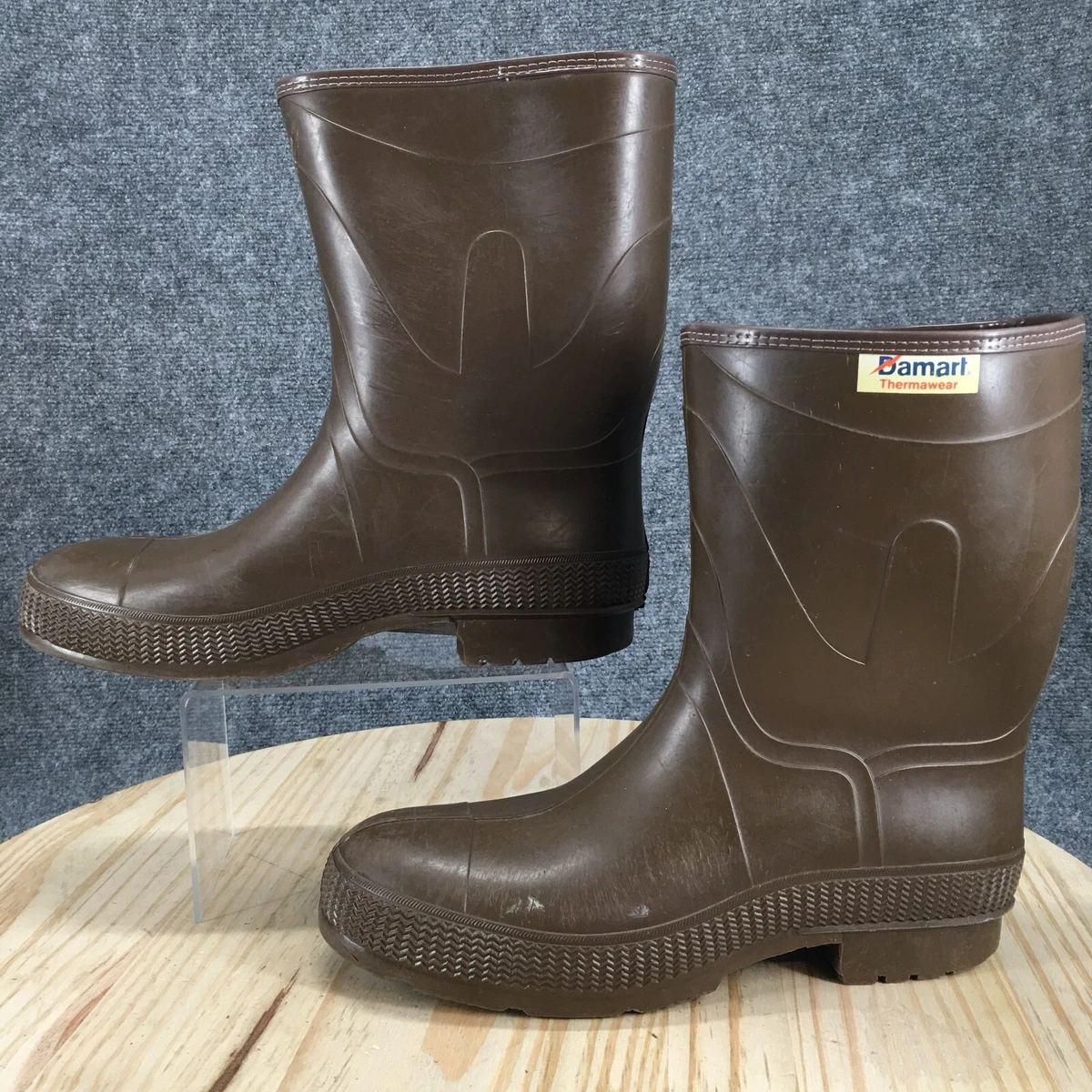 Damart Waterproof Rain Boots Mens 11 Brown Mid Calf Round Toe Faux