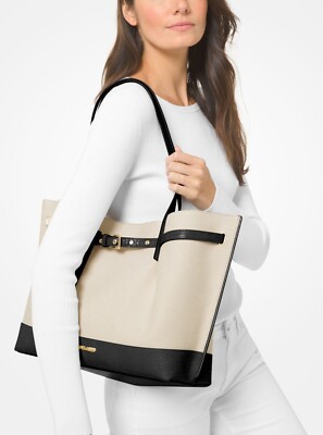 NEW $428 MICHAEL KORS EMILIA LG BLACK IVORY CANVASS CROCODILE EMBOSSED TOTE BAG