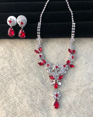 Elegant Ruby Crystal Rhinestone Necklace Earring Jewelry Set Cubic Zirconia Gift