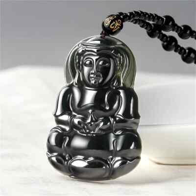 Natural Black HeTian Jade Carved Buddhism GuanYin Lucky Pendant Amulet Necklace