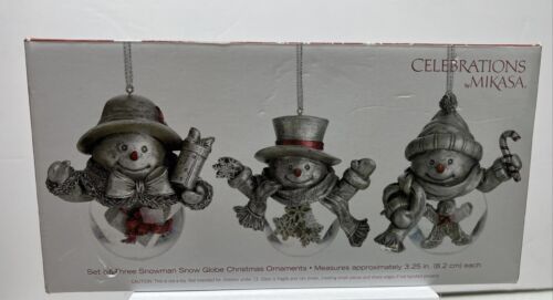 SNOWMAN SNOW GLOBES By Mikasa Pewter Look & Glass Ornaments Set Of 3 - Boxed - Picture 1 of 12
